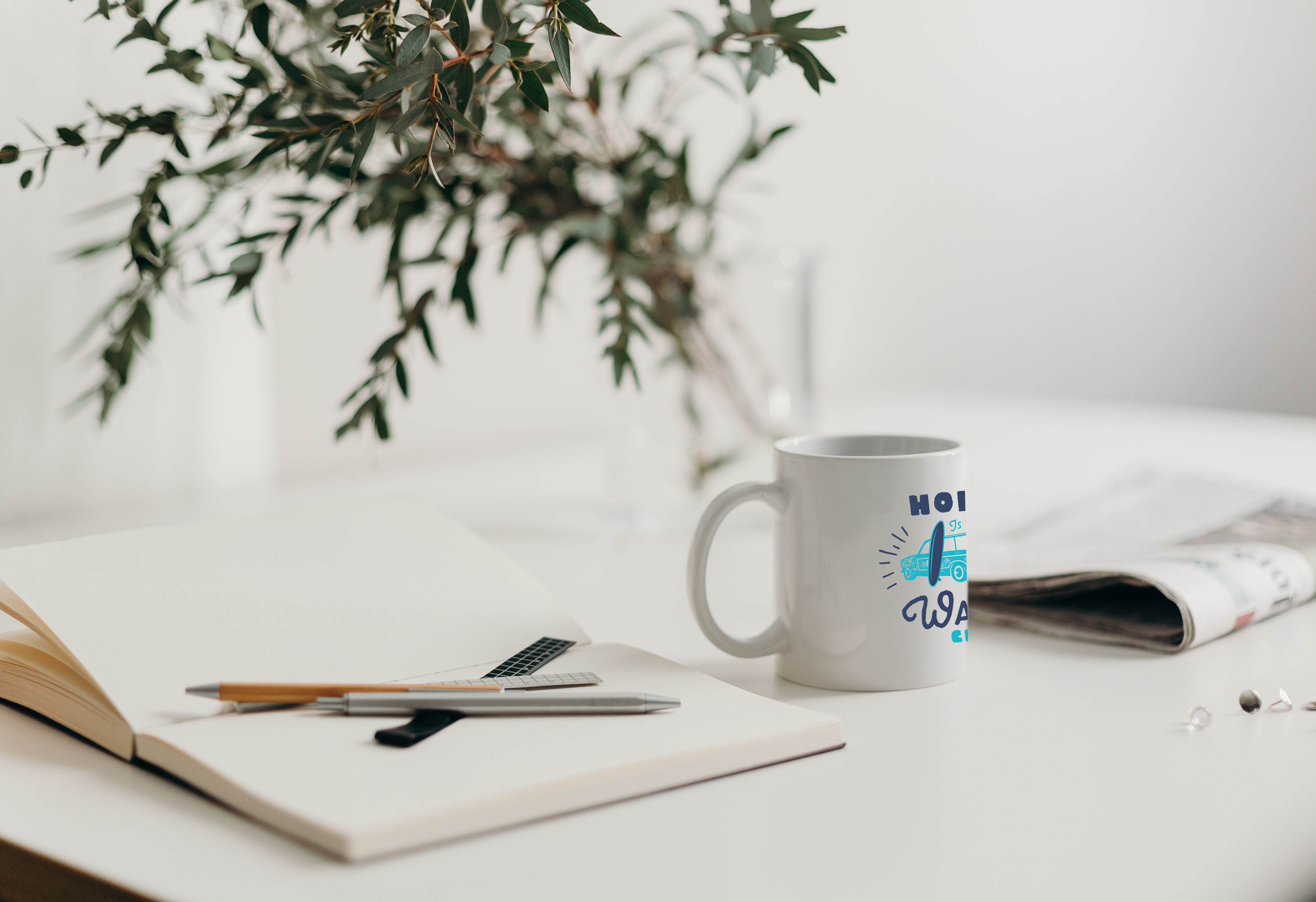 Custom printed mug on desk